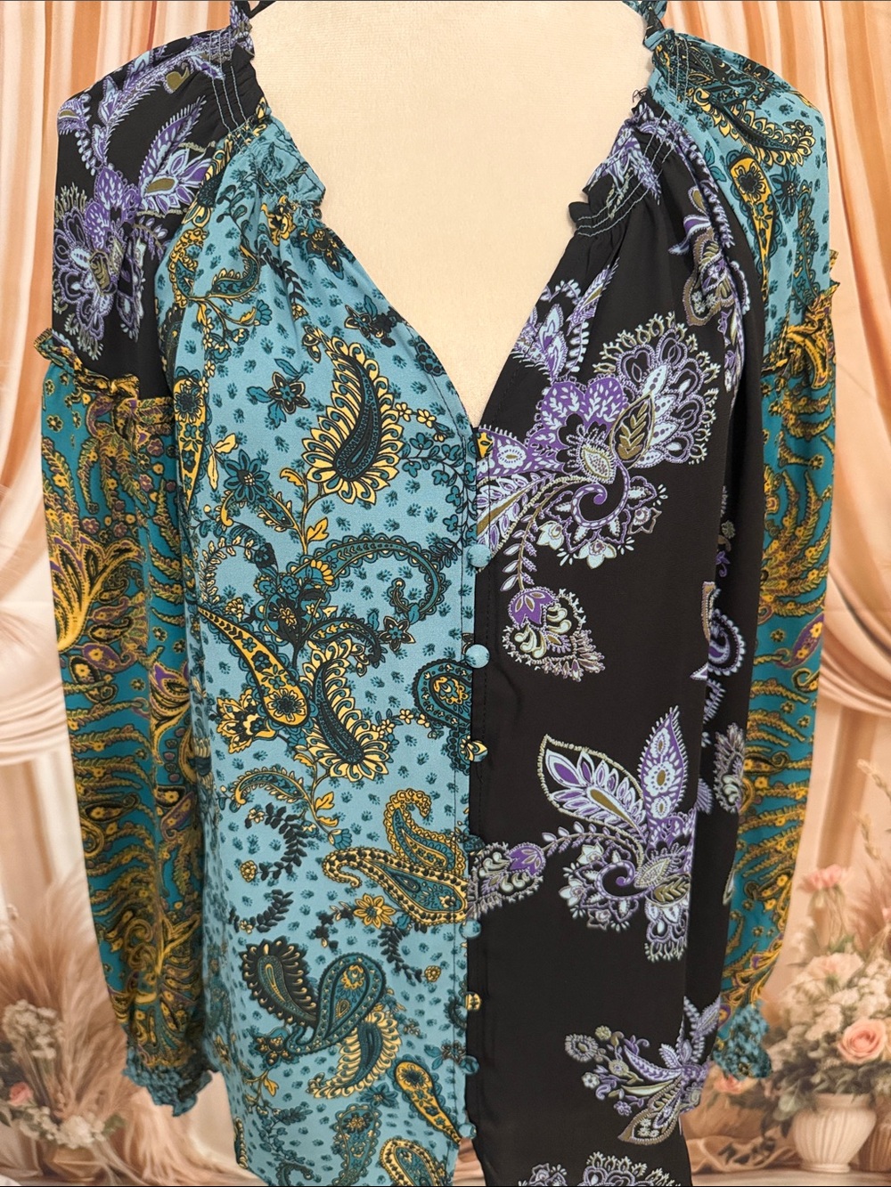 Paisley Button-Front Women's Blouse in Teal and Black
